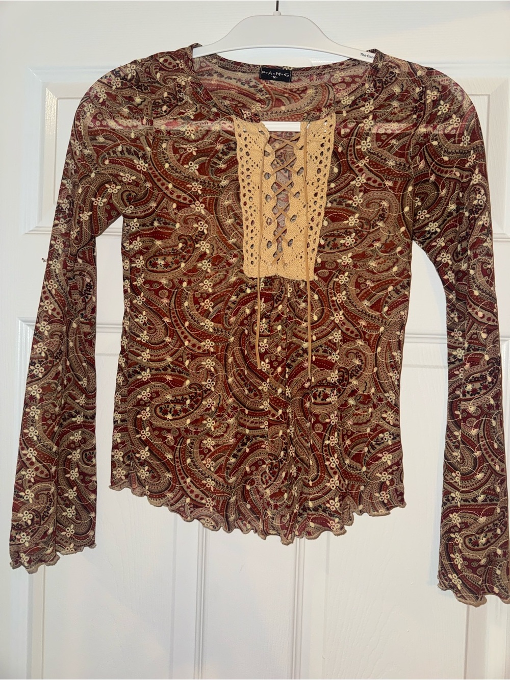 FANG Micro Mesh, Burgundy Paisley Lace-Up Crochet Placket Long Sleeve Top